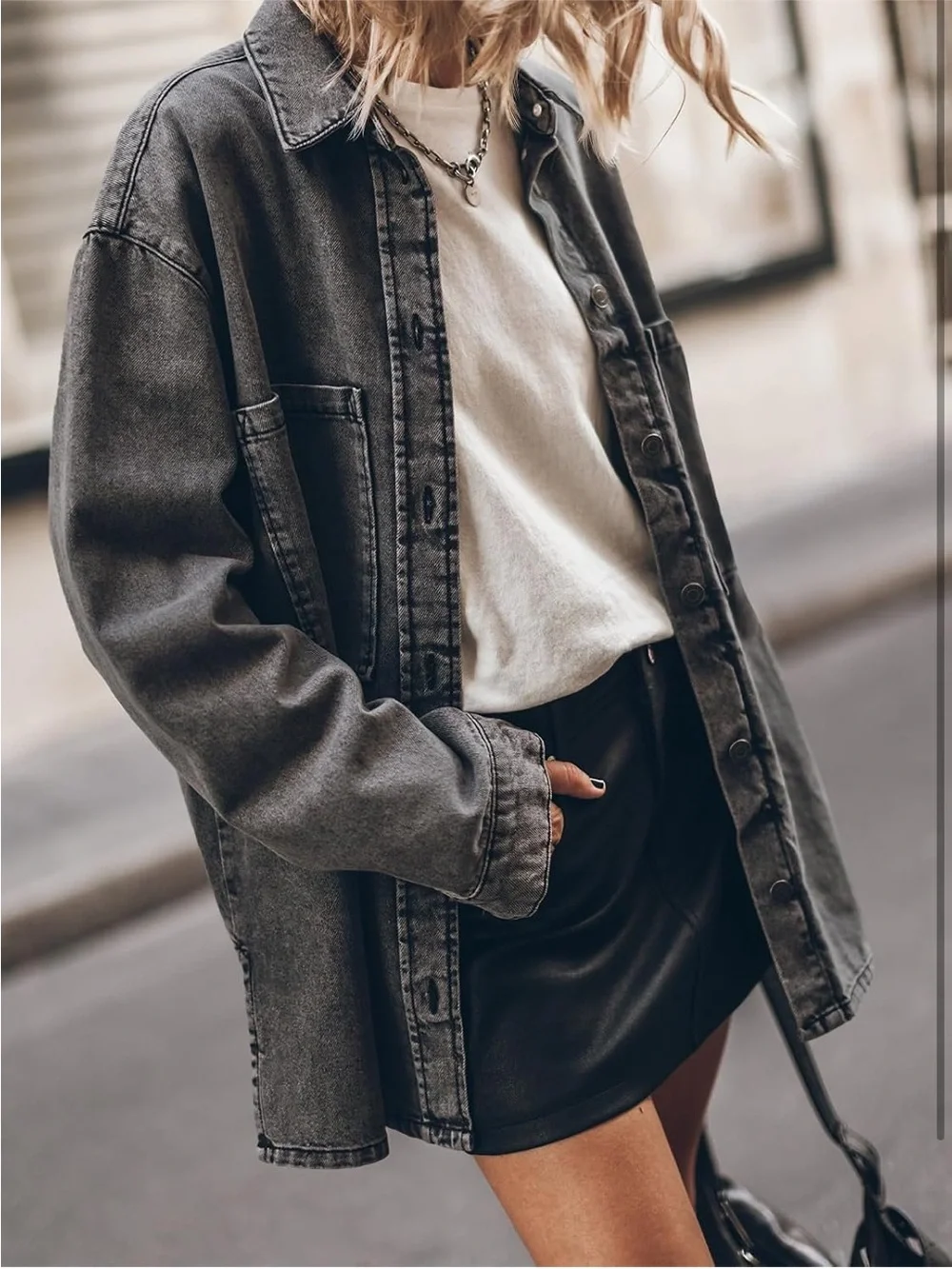 Washed Charcoal Gray Oversized Denim Shacket - Picture 2 of 7